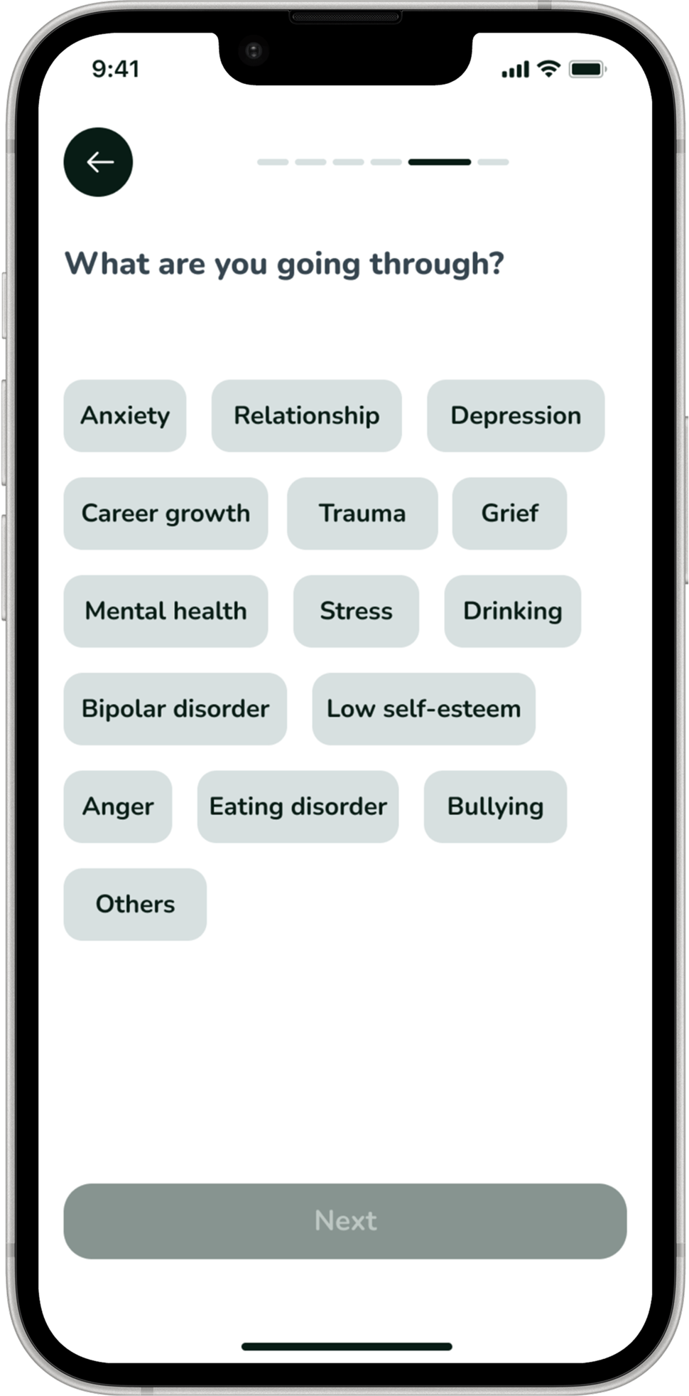 Speakapp onboarding screen asking what the user is going through