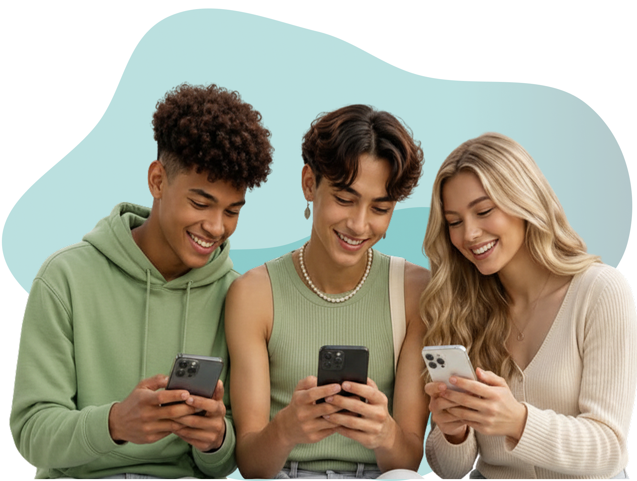 Three young people using Speakapp on their phones